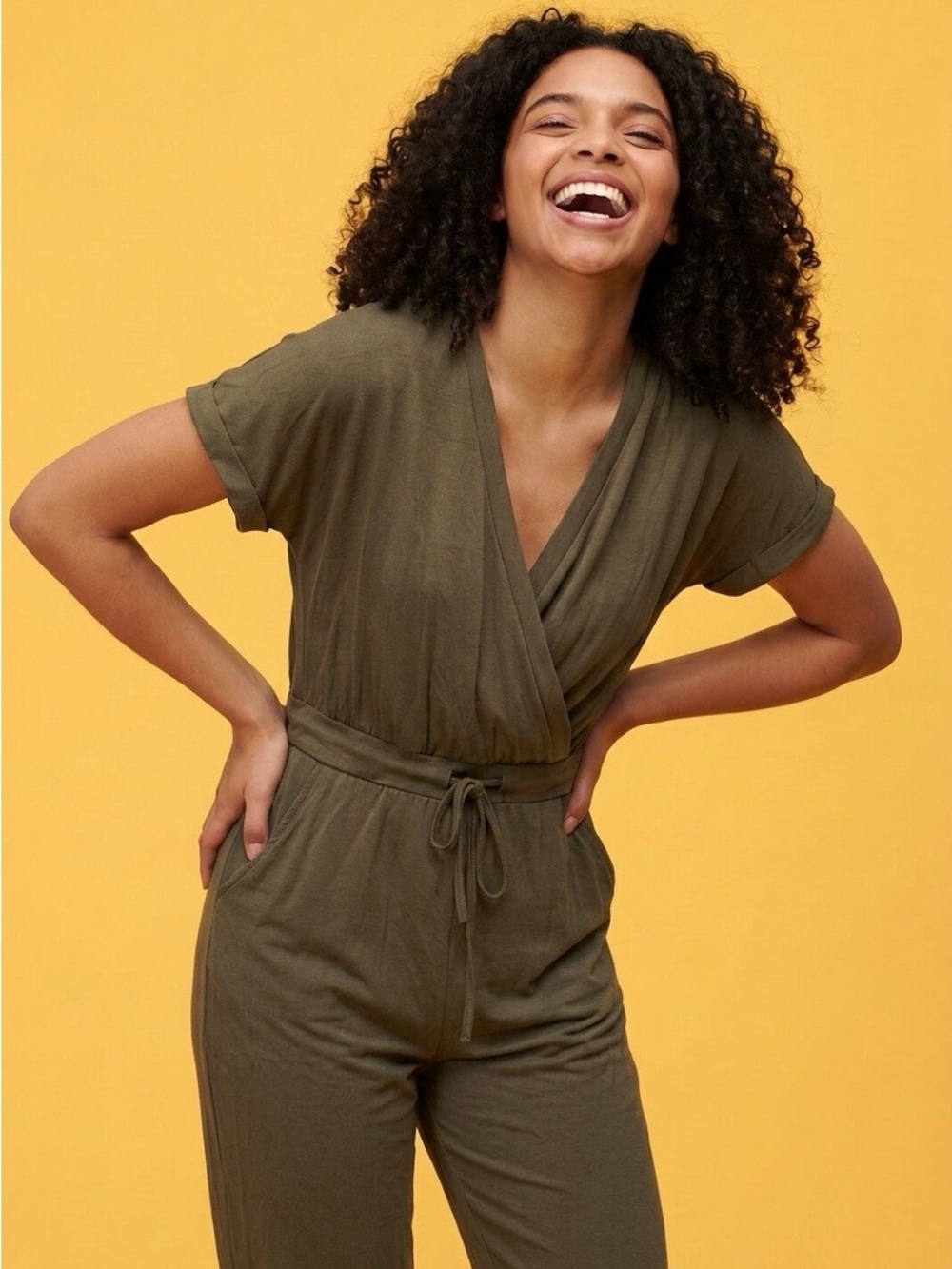Olive Green Wrap-Front Jumpsuit